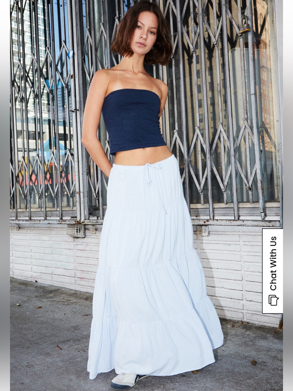 John Galt by Pac Sun Pale Blue “Nadia” Tiered Boho Drawstring Maxi Skirt